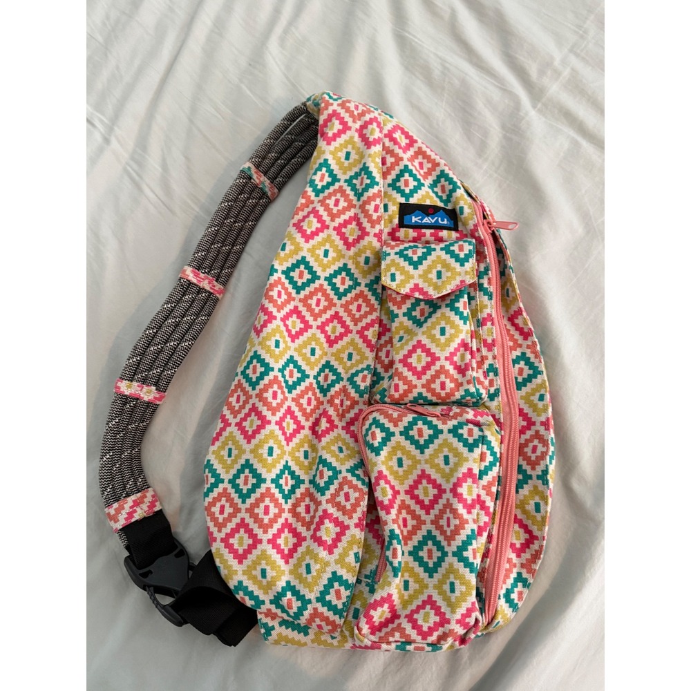 KAVU Original Rope Bag Spring Montage NWOT Sling Backpack Pink Teal Boho
